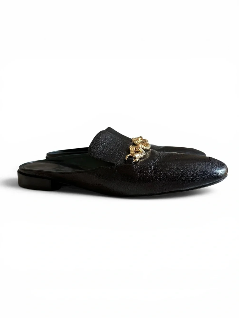 Tory Burch Jessa Black Leather Mule Loafers Gold Chain Horsebit Size 7.5